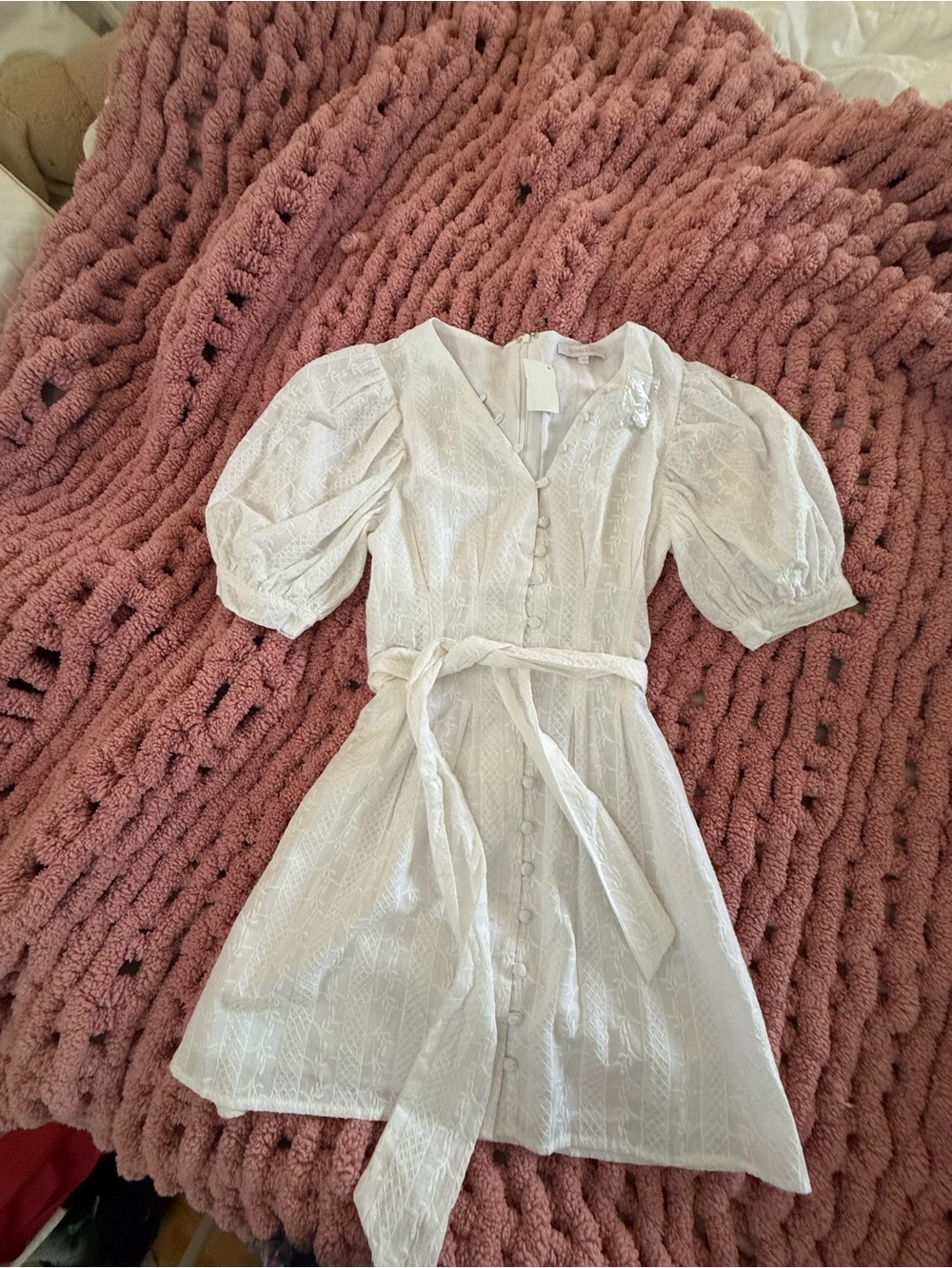 Olivaceous White Embroidered Puff Sleeve Mini Dress